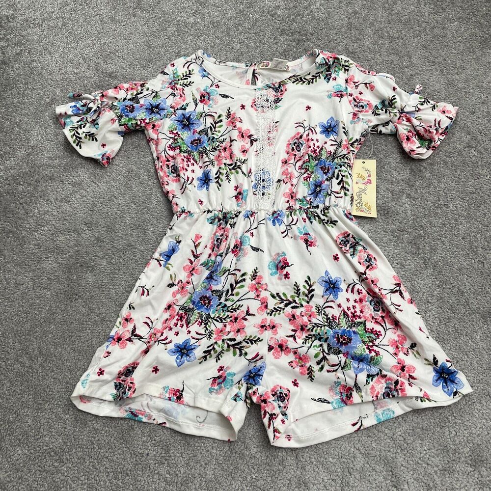 Magenta Floral Romper Girls Kids 12 Multi Short Bell Sleeve Casual Summer NWT